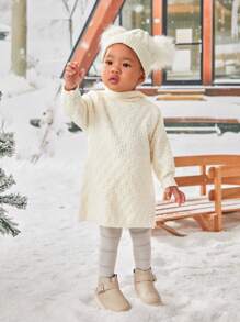 SHEIN Baby Girl Solid Hooded Sweater Dress - Beige - View 4