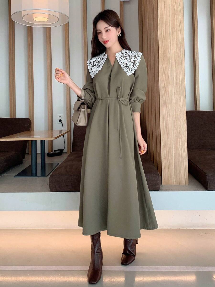 DAZY 撞色领带连衣裙，休闲女装，秋季长袖连衣裙，及地长裙 - 咖啡棕 - 查看 1