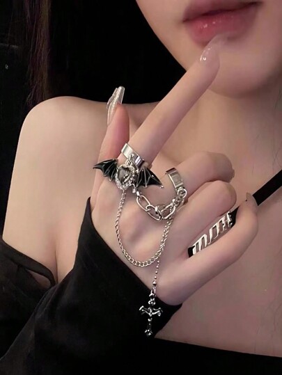 1 pièce Bague de mitaine en alliage de fer à la mode avec décoration d'aile de chauve-souris et de cœur pour femmes, pour la décoration quotidienne, gothique, Saint-Valentin