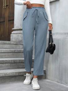 SHEIN LUNE Knot Front Straight Leg Pants - Blue - View 1