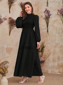 Modelyn 小高領燈籠袖蕾絲花邊洋裝 - 黑色 - 查看 4