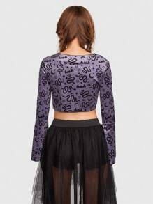 ROMWE Goth 蛇印花前繫帶鐘形袖短款上衣 - 紫色 - 查看 6