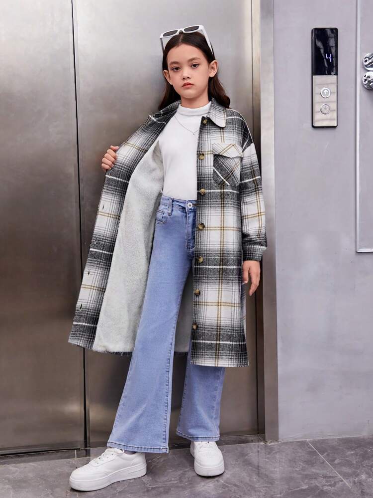 Tween Girl Plaid Print Flap Pocket Thermal Overcoat