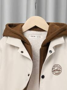 SHEIN Cậu bé Tween Lỏng lẻo phù hợp áo có mũ Khối màu Jacket thể thao - Màu be - Xem 4