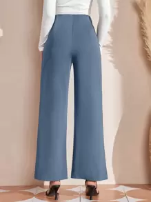 EMERY ROSE High Waist Button Detail Wide Leg Pants - Dusty Blue - View 2