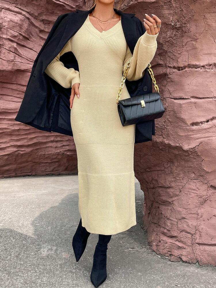 Solid Lantern Sleeve Sweater Dress