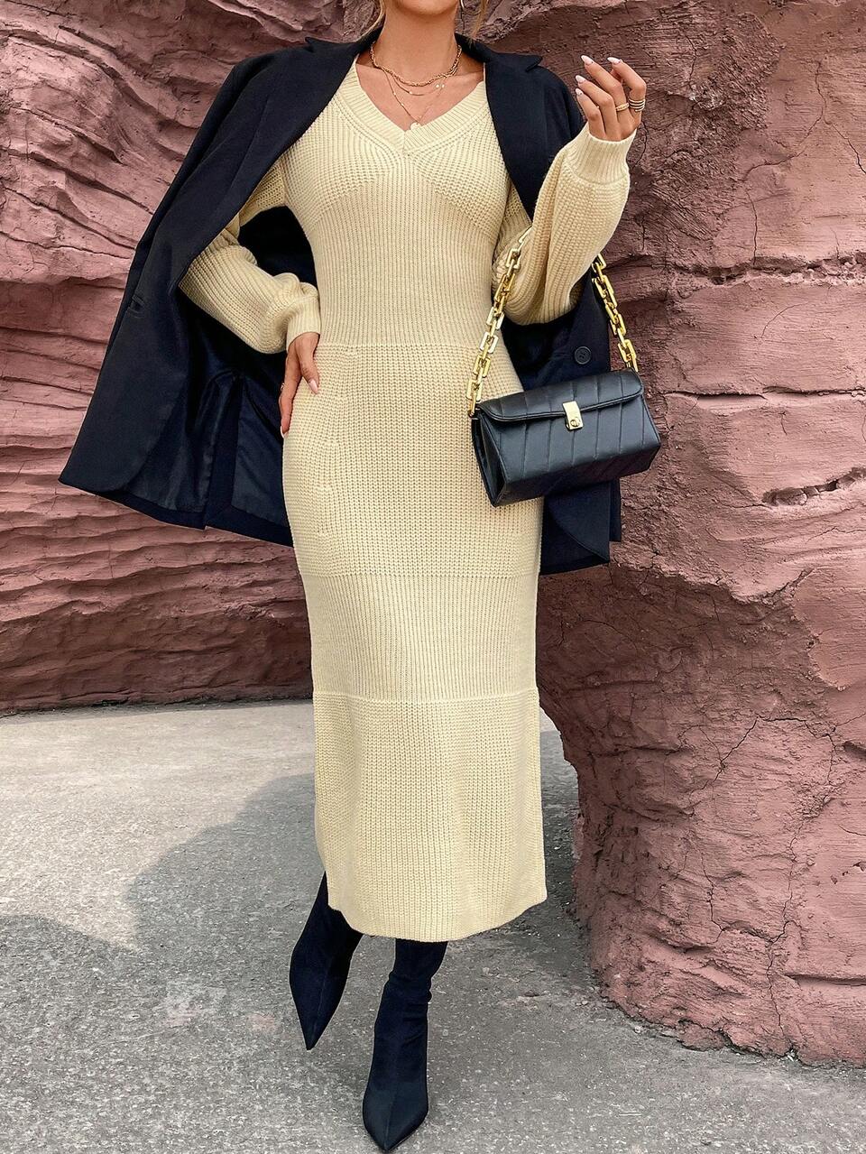 Solid Lantern Sleeve Sweater Dress