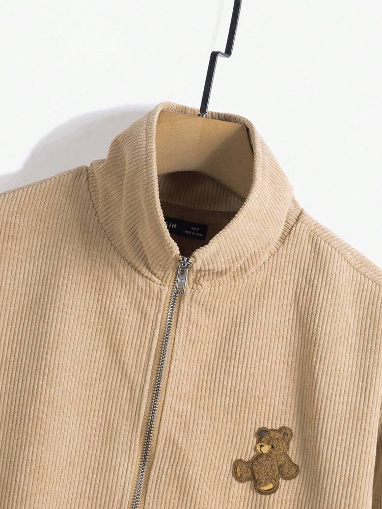 Oversized Men Bear Embroidery Zip Up Corduroy Jacket (No T-Shirt Included), For Fall Winter