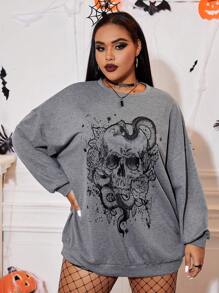 SHEIN EZwear Hơn In Đầu lâu Thả vai Áo nỉ - Màu Xám nhạt - Xem 1