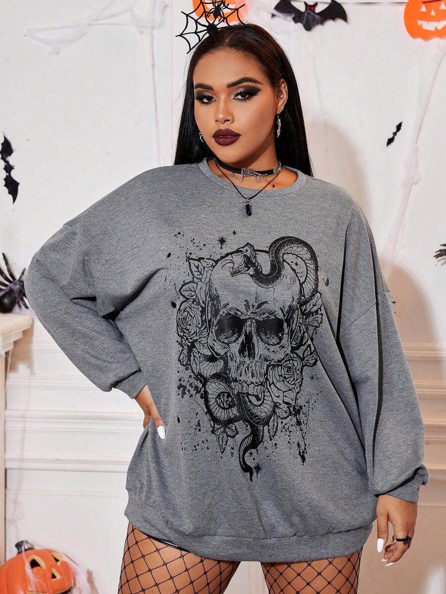 SHEIN EZwear Hơn In Đầu lâu Thả vai Áo nỉ - Màu Xám nhạt - Xem 1