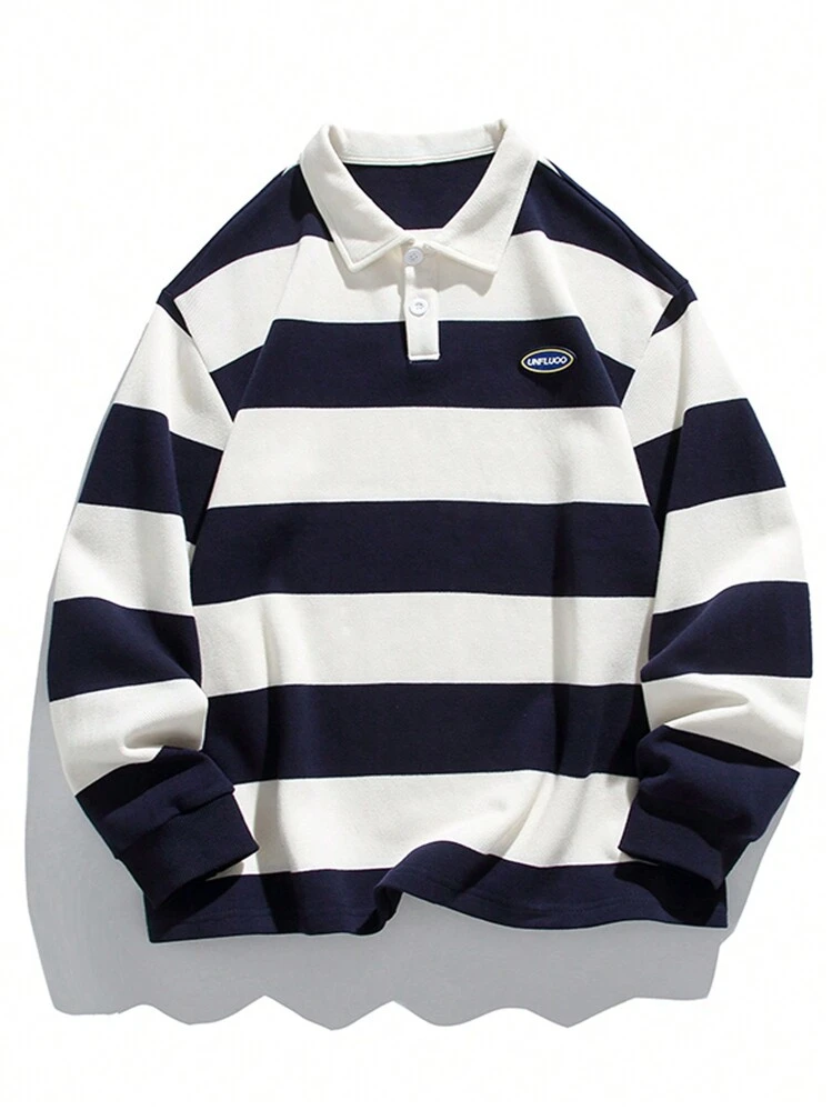 Men Striped Print Letter Patched Polo Neck Sweatshirt - Navy Blue - View 1