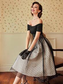 Vintamour Off Shoulder Dobby Mesh Flare Hem Dress - Black - View 2