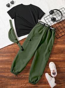 SHEIN 女大童字母圖案T恤&翻蓋口袋長褲附包 - 軍綠色 - 查看 2