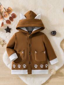 Baby Girl Embroidery Paw Pattern 3D Ear Design Hooded Teddy Lined Overcoat - Coffee Brown - View 1