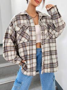 SHEIN EZwear Áo khoác có túi nắp trễ in họa tiết kẻ sọc - Nhiều màu - Xem 5