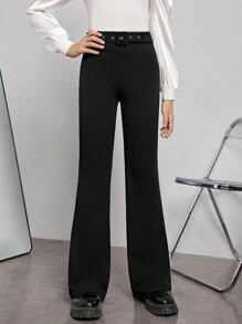 青少年女孩素色腰帶喇叭褲 - 黑色 - 查看 1