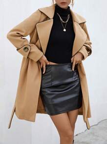 SHEIN Privé Tương phản ràng buộc Thắt lưng Áo khoác - Màu Khaki - Xem 1