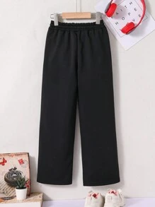 Tween Boy Letter Patched Drawstring Waist Straight Leg Pants - Black - View 2