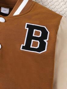 Boys Letter Patched Striped Trim Colorblock Varsity Jacket - Yellow - View 3