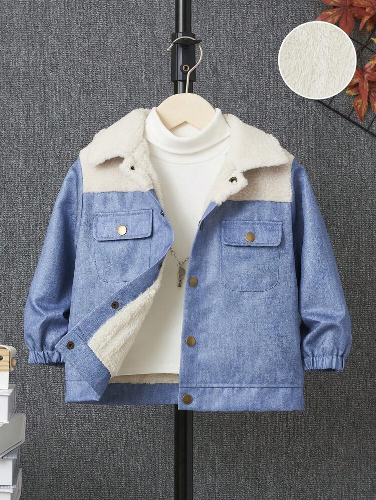 Young Boy Two Tone Flap Pocket Thermal Lined Corduroy Jacket Without Sweater