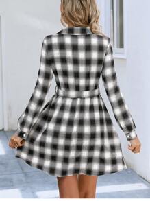 SHEIN Essnce 格紋印花腰帶襯衫洋裝 - 黑色 - 查看 2