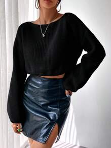 Chiquease 纯色落肩短款针织套头衫，适合秋冬季穿着 - 黑色 - 查看 1