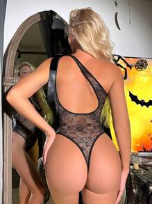 Spicy Aura Floral Lace One Shoulder Teddy Bodysuit - Black - View 2