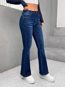 SHEIN PETITE Dây kéo bay Quần ống loe - Rửa tối - Xem 4