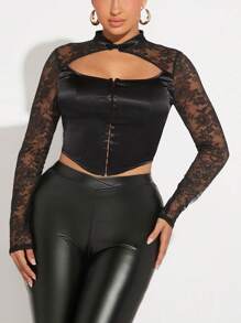 SHEIN SXY 蕾絲拼接前鏤空鉤眼扣前頭巾下擺短款上衣 - 黑色 - 查看 1