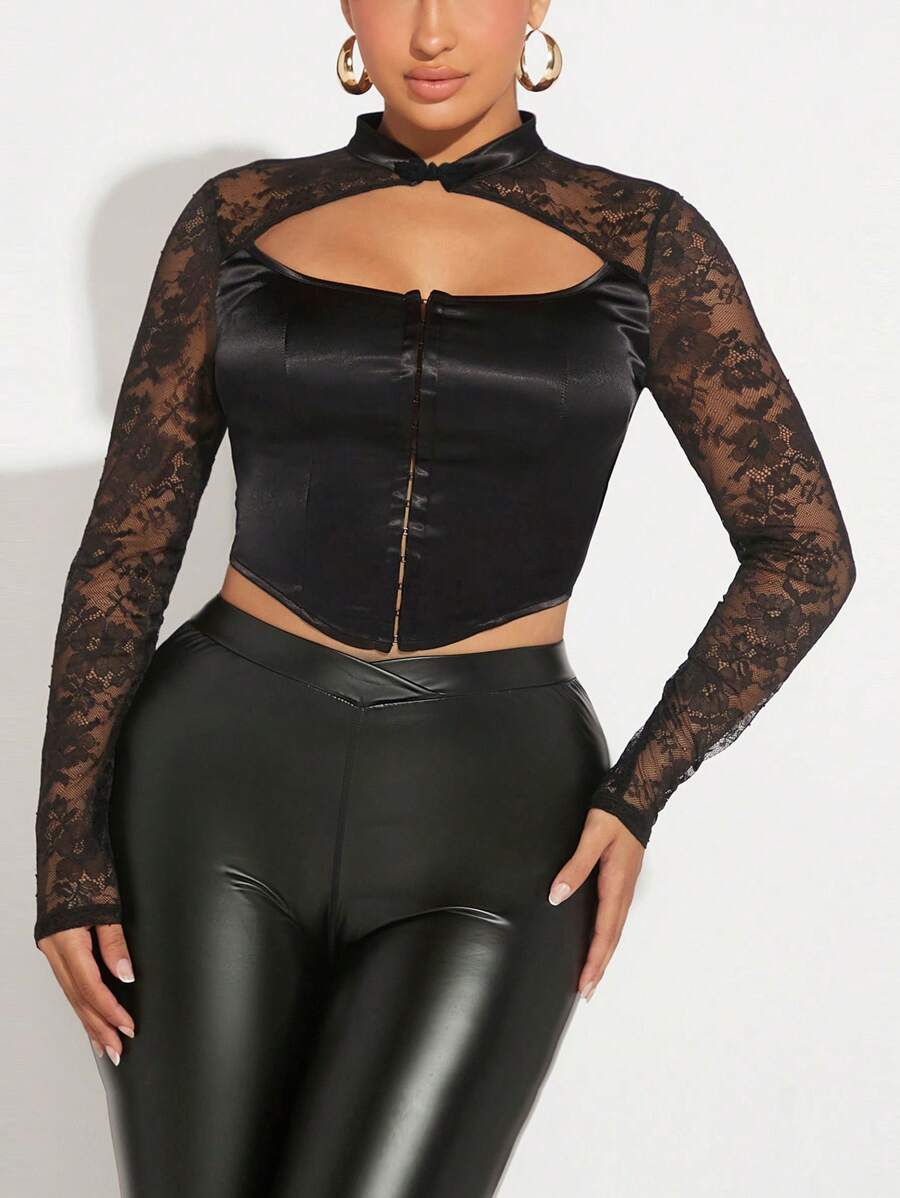 SHEIN SXY 蕾絲拼接前鏤空鉤眼扣前頭巾下擺短款上衣 - 黑色 - 查看 1