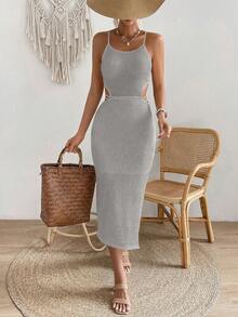SHEIN VCAY Solid Split Thigh Cami Dress - Grey - View 4