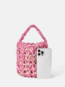SHEIN VCAY Women's Fashionable Color Block Woven Handbag - Pink - View 6