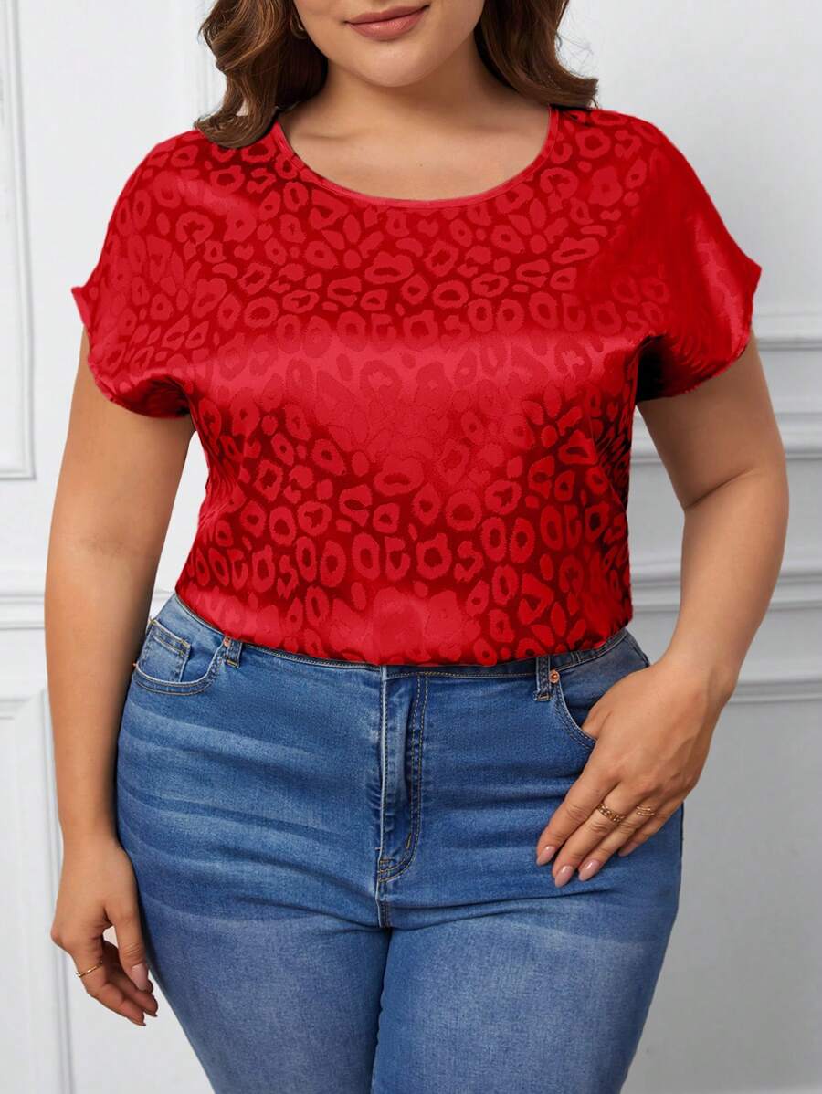 SHEIN Clasi 大碼豹紋提花蝙蝠袖襯衫 - 紅色 - 查看 1