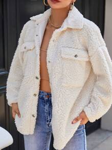 EURMUSE Flap Pocket Drop Shoulder Teddy Coat - Beige - View 4