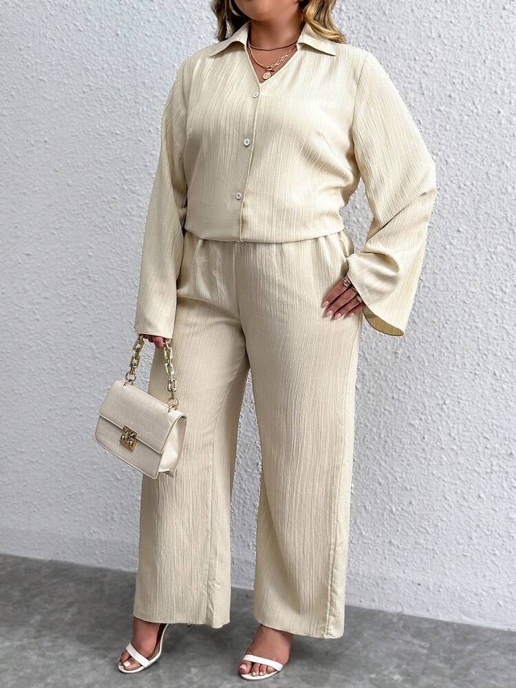 Calvaya 大碼喇叭袖襯衫&闊腿褲 - 杏色 - 查看 5