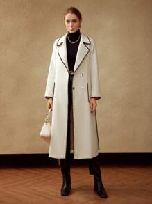 MOTF PREMIUM BELTED WOOL-BLEND CONTRAST STITCH COAT - Beige - View 5