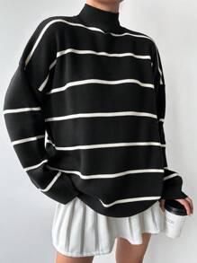 EURMUSE Áo len cổ đứng kẻ sọc nhiều màu sắc thường ngày dành cho nữ, Thu/Đông - màu đen - Xem 4