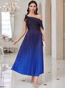 Modelyn Vestido de cuello asimétrico bajo fruncido - Azul Marino - Ver 4