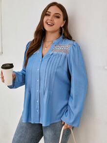 SHEIN LUNE Plus Guipure Lace Insert Blouse - Blue - View 6