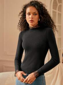 SHEIN Frenchy Pull Ourlet En Dentelle À Col Montant Côtelé Ajusté
