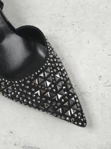 DAZY 2025秋冬季透明水晶装饰尖头方跟高跟凉鞋，女士春夏新款露跟闭趾踝带鞋，优雅，女士高跟鞋，高贵典雅，派对装扮 - 黑色 - 查看 5