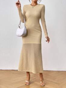 SHEIN LUNE 素色華夫格編織魚尾裙下擺洋裝 - 卡其色 - 查看 6