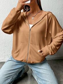 SHEIN EZwear Quần áo thể thao nữ Túi Dây kéo màu trơn Giải trí - Màu Khaki - Xem 4