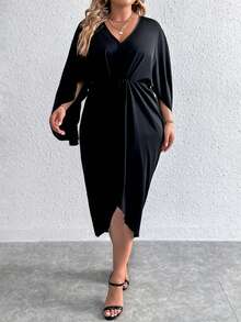 Celure Hơn Chất rắn tay cánh Váy Wrap Hem - màu đen - Xem 6