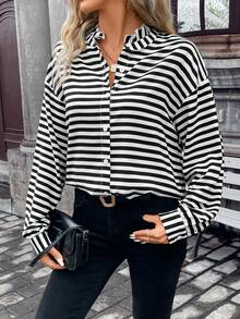 SHEIN Frenchy 條紋印花落肩袖襯衫 - 黑與白 - 查看 4