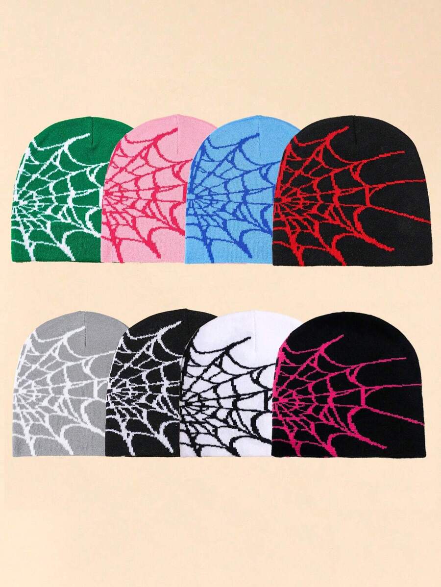 隨機1頂時尚蜘蛛網紋針織無邊帽，街頭風格 - 彩色 - 查看 1