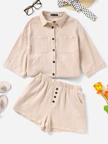 SHEIN VCAY 落肩袖口袋貼布襯衫&短褲不附吊帶上衣