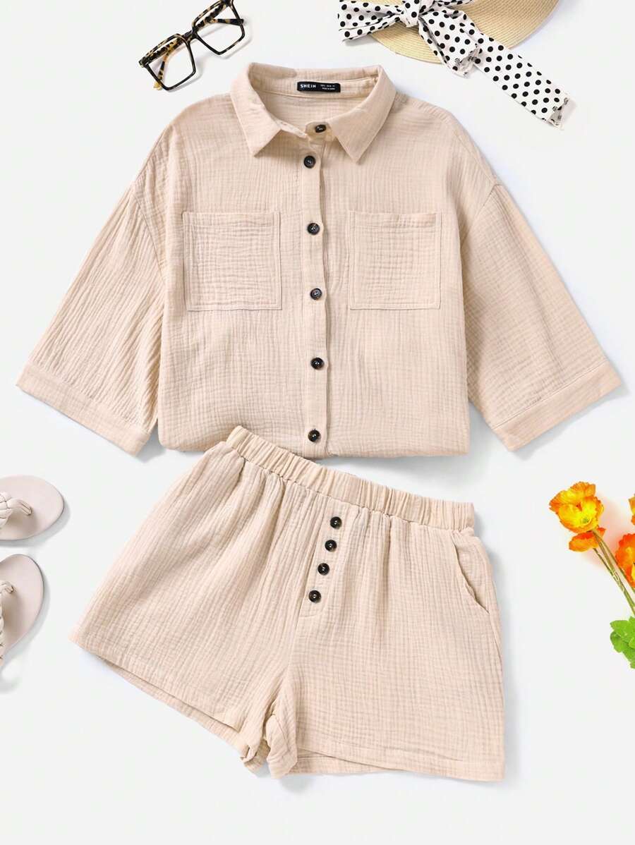 SHEIN VCAY 落肩袖口袋貼布襯衫&短褲不附吊帶上衣