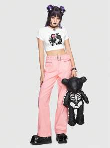 ROMWE Kawaii Zipper Pocket Side Cargo Jeans - Pink - View 2