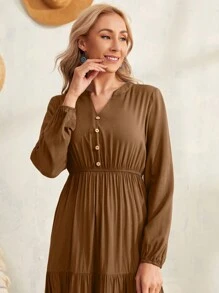 EMERY ROSE Fall Women Clothes Women's Casual All-Over Print Notched Neck Dress, Spring & Fall Fall Clothes Women - Brown - View 3